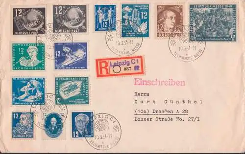 Leipzig SSt. Technische Messe 10.3.51 R-Brief mit  versch. Sondermarken, dabei 12 Pfg. aus DEBRIA-Block DDR 271