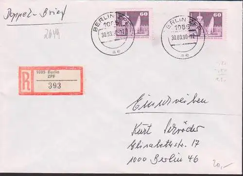 Dresden 60 Pfg. Zwinger(2) auf R-Auslands-Bf Berlin ZPF 30.3.90