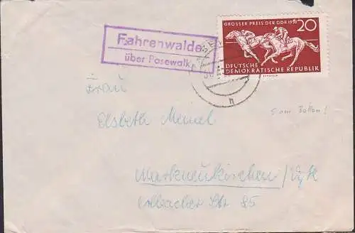 Fahrenwalde über Pasewalk PSSt. 20 Pfg SoMke Grosser Preis der DDR mit PF "weißer Fleck über 5" von 1958