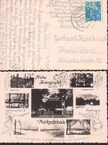 Warnemünde 16.7.57 Karte vom Pionierlager Markgrafenheide mit Abb. Krankenstation, Zelte