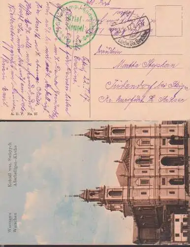 Feldpost Landwehr Div. Bredow mit grünem Briefstempel auf Ak Warschau Allerheiligen-Kirche