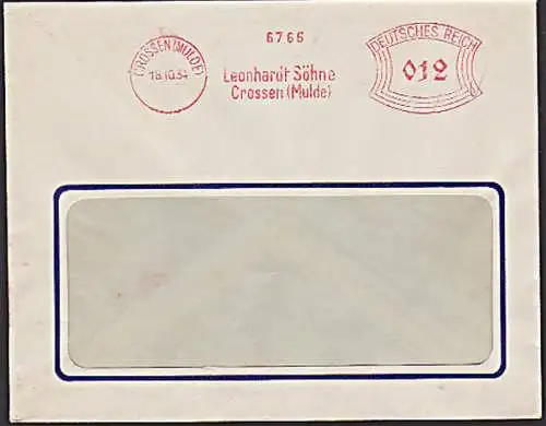 CROSSEN (MULDE) Leonhardt Söhne Stempel vom 18.10.34 Brief AFS =DR 012=