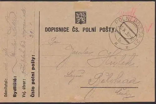 Dospinice polni postovni sluzby, Feldpostkarten 1938, handschriftl. Zensur in rot