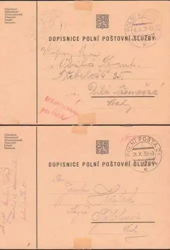 Dospinice polni postovni sluzby, zwei Feldpostkarten 1938