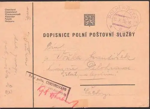Dospinice polni postovni sluzby, Feldpostkarten 1938, R4 und handschriftl. Zensur in rot