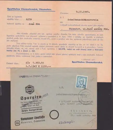 Komotau Chomutov Drucksache mit aptierten Stempel 13.12.45 von der Sparkasse Sportitelna