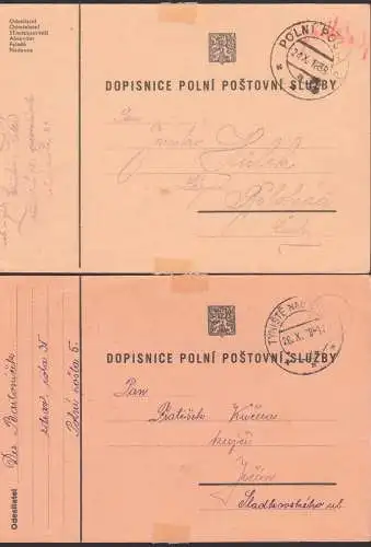 Dospinice polni postovni sluzby, zwei Feldpostkarten 1938 einmal mit Zensur in rot