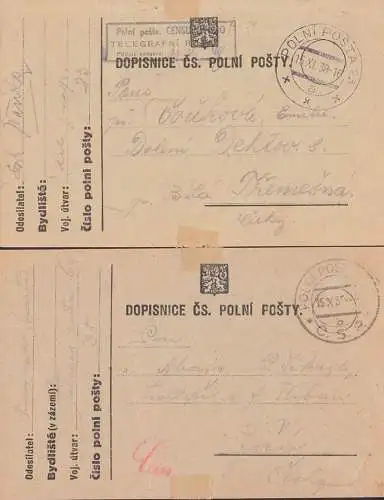 Dospinice polni postovni sluzby, zwei Feldpostkarten 1938, R3 und handschriftl. Zensur in rot