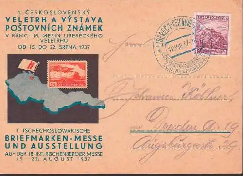 Reichenberg Liberec SSt. 1. Briefmarkenausstellung 18.VII. 37 auf Anlasskarte mi Landkarte der Sudeten