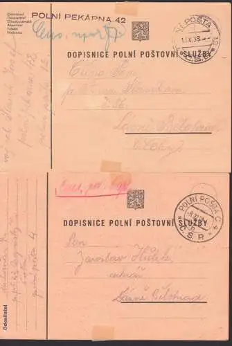 Dospinice polni postovni sluzby, zwei Feldpostkarten 1938, handschriftl. Zensur in rot und blau