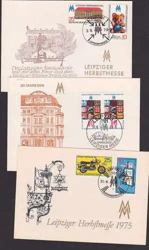 Maxkarte DDR Leipziger Messe 1969, 75, 79 IFA MZ TS 250 SoSt. Handelshof Puppen, Romanushaus 3 Anlasskarten