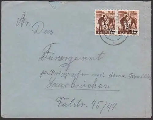 Saarwellingen, MeF 1948 nach Saarbrücken Saarland 230 II(2) Brief Fürsorgeamt