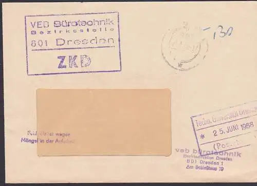 ZKD Brief Fehlleitung-St. Mängel in der Aufschrift Adr. DRESDEN Bürotechnik Bezirksstelle 1968