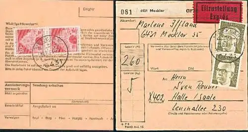 BRD 644 (2) 492 (2) Eil-Sdg. Paketkarte Stammteil Mecklar Heinemann Bauwerke nach der DDR Halle / Saale 1971