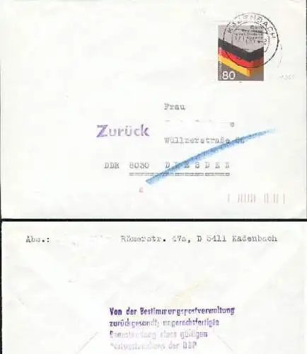 Postkrieg BRD-DDR FDC Mi. 1265 40 Jahre Eingliederung Heimatvertriebener BRD nach Dresden mit 'zurück-Vermerk'