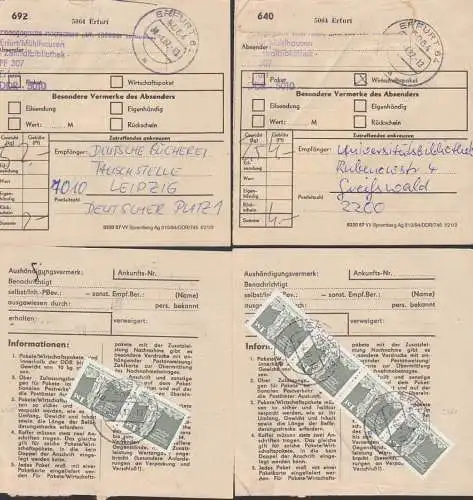 Erfurt 2 Paketkarten mit 1 M Ehrenmal Berlin-Treptow als 2- und 4er Einheit, Abs. Zentralbibliothek