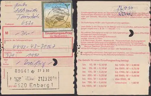 Einzahlungsauftrag Eisenberg 27.3.90 20 Pf. Historische Flugmodelle DDR 3311 als EF