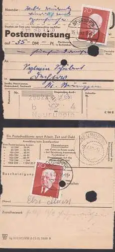 Postanweisung Neuruppin AltSt. 15.4.59 20 Pf. Wilhelm Pieck DDR 673(2), rs. Marke Mängel
