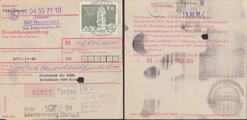 Einzahlungsauftrag Marienberg (Sachs) Abs. KONSUM "Talsperre" Neuwermsdorf 20.4.81, 1 M Ehrenmal Berlin-Treptow