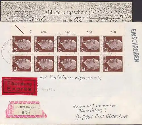 Walther Ulbricht 70 Pfg. (10) R-Brief mit Rückschein und eigenhändig. Rand mit große/kleiner Zeilensumme und Farbstrich