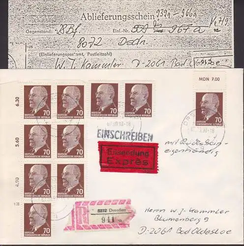 Walther Ulbricht 70 Pfg. (10) auf Einschreiben mit Rückschein und eigenhändig 7.9.90. Rand mit große/kleiner Zeilensumme