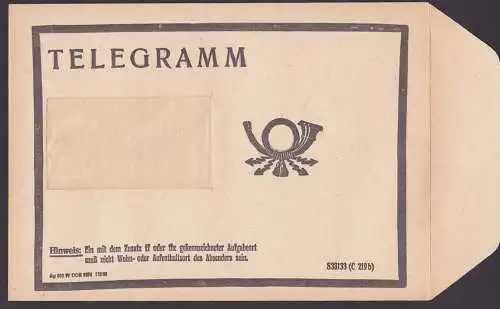 Germany East, DDR Telegramm Umschlag ungebraucht Trauer aus 1977 bzw. 1986, Posthorn, je A5-Format