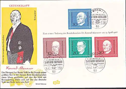 Konrad Adenauer Bundeskanzler Altkanzler BRD FDC Block 4 Germany