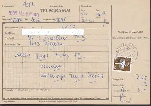Moritzburg Telegramm frankiert mit 3,- Luftpost 20.6.86, DDR 2868 als Einfachfranakatur