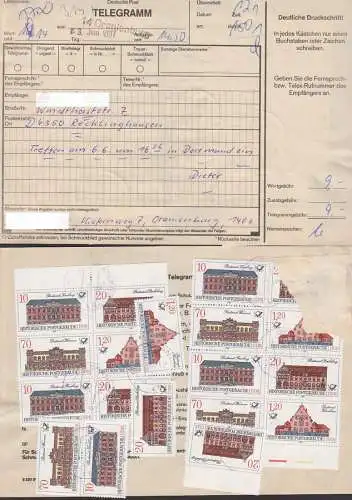 Historische PostgebäudeTelegrammformular frankiert Zdr  DDR 3067/70 aus Oranienburg, PA Freiberg, Perleberg, Weimar