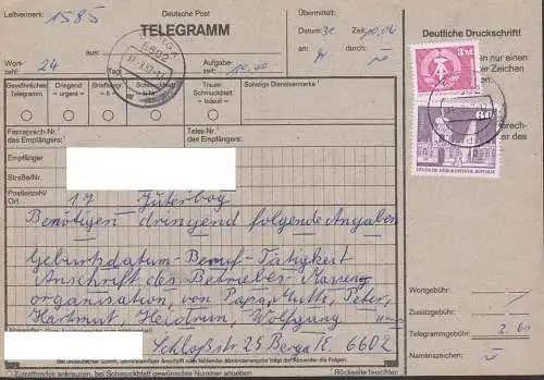 Telegrammformular DDR frankiert, Berga 31.8.87