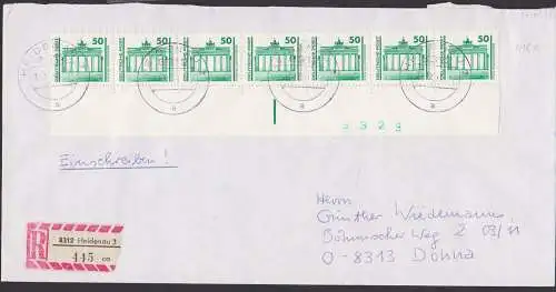 Brandenburger Tor 50 Pf. von Rolle mit Rand DDR 3346R(7), R-.Brief 31.12.91 Heidenau