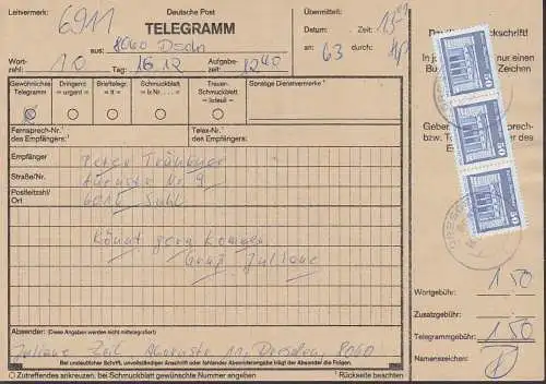 Dresden  Telegrammfomular 16.12.88 als gewöhnliches Telegramm, 50 Pfg. Berlin Neue Wache (3)