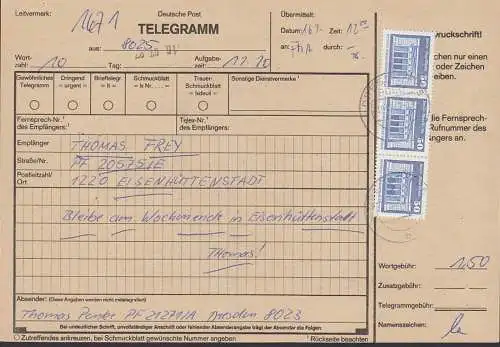 Dresden  Telegrammfomular 16.7.87 als gewöhnliches Telegramm, 50 Pfg. Berlin Neue Wache (3), Korr. zw. Soldaten