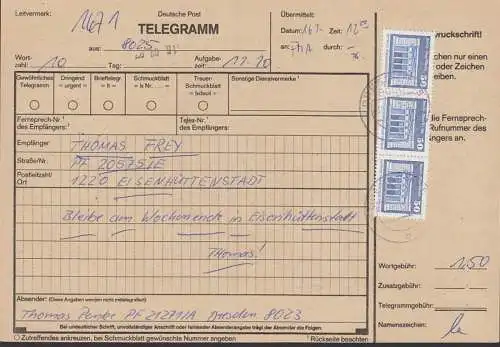 Dresden  Telegrammfomular 16.7.87 als gewöhnliches Telegramm, 50 Pfg. Berlin Neue Wache (3), Korr. zw. Soldaten