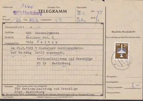 Moritzburg Telegrammfomular 29.3.85 als gew. Telegramm, 3,- M. Luftpost Korr. zw. Betrieben, Abschnitt angetrennt