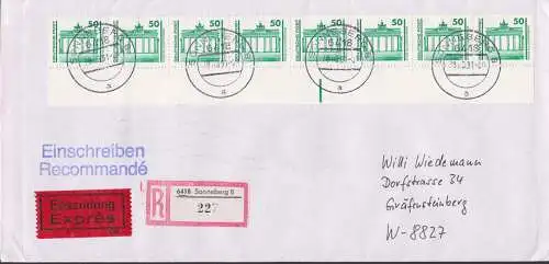 Sonneberg 50 Pf. Brandenburger Tor aus unzertrennten Rollen mit Unterrand 29.8.91 R-Eil-Brief