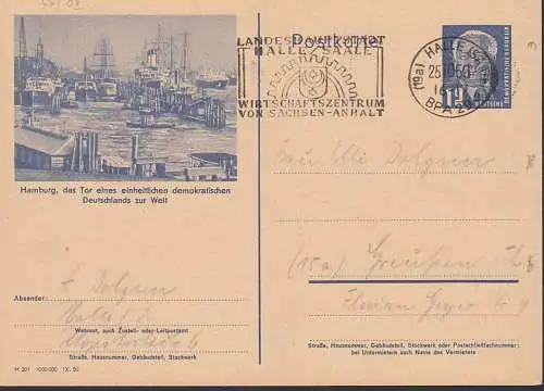 Halle (Saale) MWSt. 25.10.50 Wirtschaftszentrum auf 12 Pf. Bildpostkarte mit Hamburger Hafen P47/02