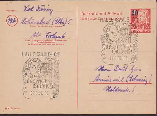 Halle (Saale) SSt. 4.6.53, Händelfest 1953 auf GA P43F, Auslandsadresse in der Schweiz, 20 auf 30 Pfg. , rs. ohne Text