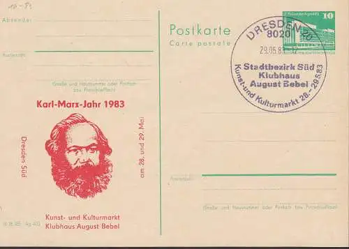 GA mit privatem Zudruck Dresden Karl-Marx-Jahr 1983, Kunst- und Kulturmarkt Klubhaus August Bebel