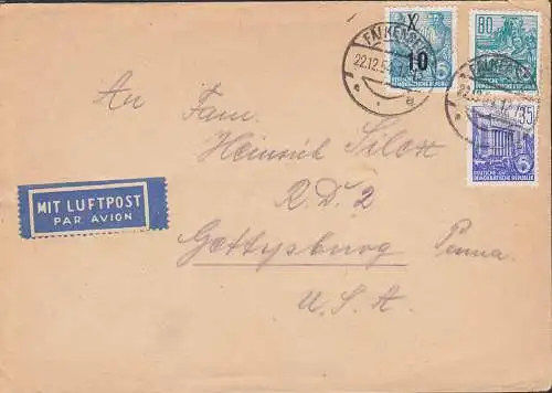 Falkenberg 22.12.54, Auslands-Lp-Brief nach USA mit 421, rs. ausgerissen