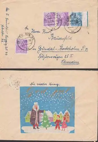 Leipzig 28.1.55, Auslandsbrief nach Schweden 2. Gewichtsstufe, dabei rs. Viegnette God Jul, Weihnachten