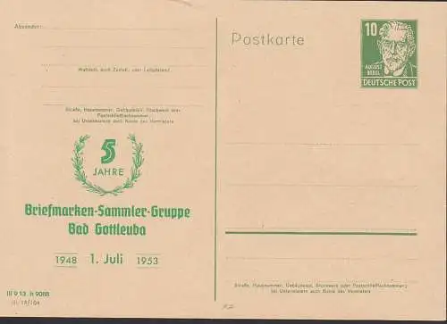 Bad Gottleuba 10 Pfg. August Bebel GA mit Zudruck Briefmarken-Sammler-Gruppe 5 Jahre