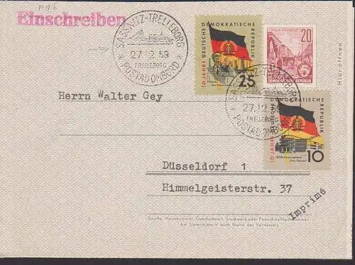 Sassnitz-Trelleorg 27.12.59 F1b mit Zusatzfrankatur auf Drucksache, Einschreiben (ohne R-Zettel)