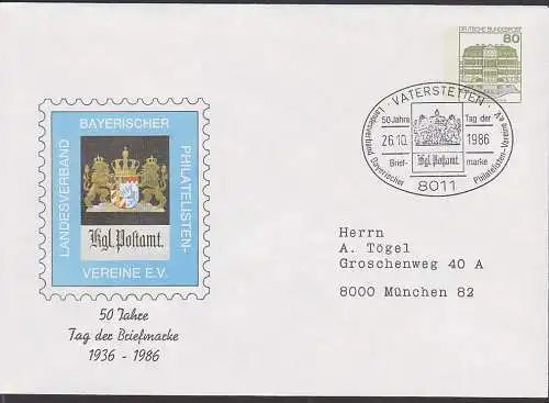 Vaterstetten SSt 26.10.1986, Schmuckumschlag mit Wappen Kgl. Postamt