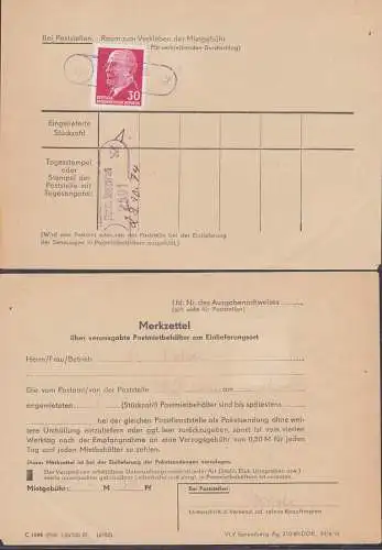 Riebnitz-Damgarten Poststellen-St.  auf Merkzettel über verausgabe Postmietbehälter, Mietgebühr 30 Pf, Walter Ulbricht