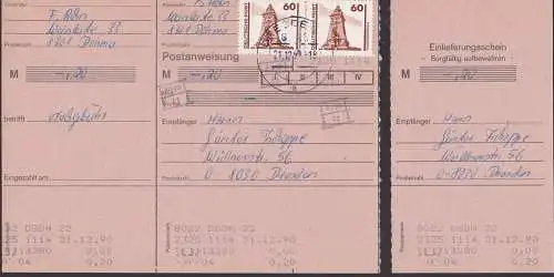 Postanweisung alle Teile mit 60 Pfg. Kyffhäuser-Denkmal 3346(2) OSt. Dresden 22 vom 21.12.90