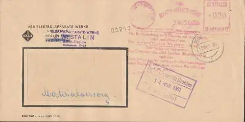 Berlin O17 mit OSt. Berlin SO 93. ZKD-AFS Elektro-Apparate-Werle "J. W. Stalin", roter Aufbewahrungsst., 13.11.61