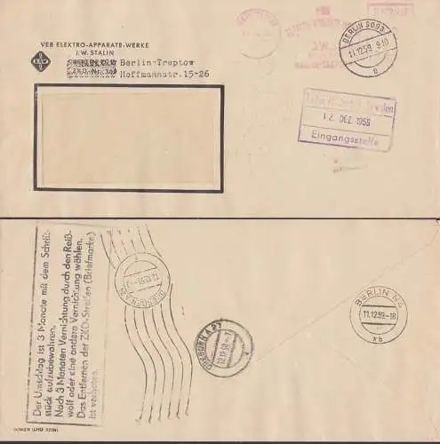 Berlin O17 mit OSt. Berlin SO 93. ZKD-AFS Elektro-Apparate-Werle "J. W. Stalin", rs. schwarzer Aufbewahrungsst.,