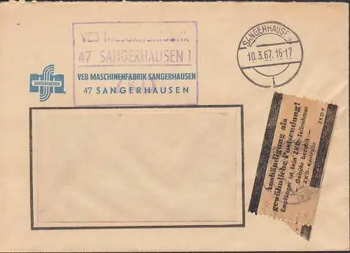 Sangerhausen R3 ZKD-St. Maschinenwerk 10.3.67 mit braunem Pargaminzettel Aushändigung... ZKD 7