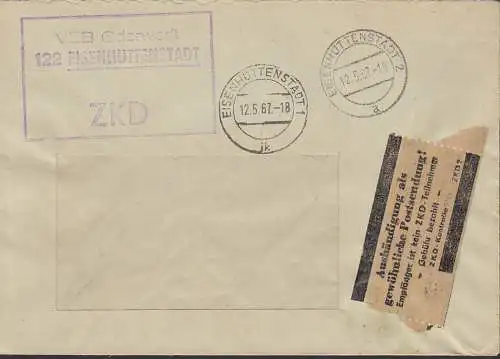 Eisenhüttenstadt R3 ZKD-St. Oderwerft 12.5.67 mit braunem Pargaminzettel Aushändigung... ZKD 7